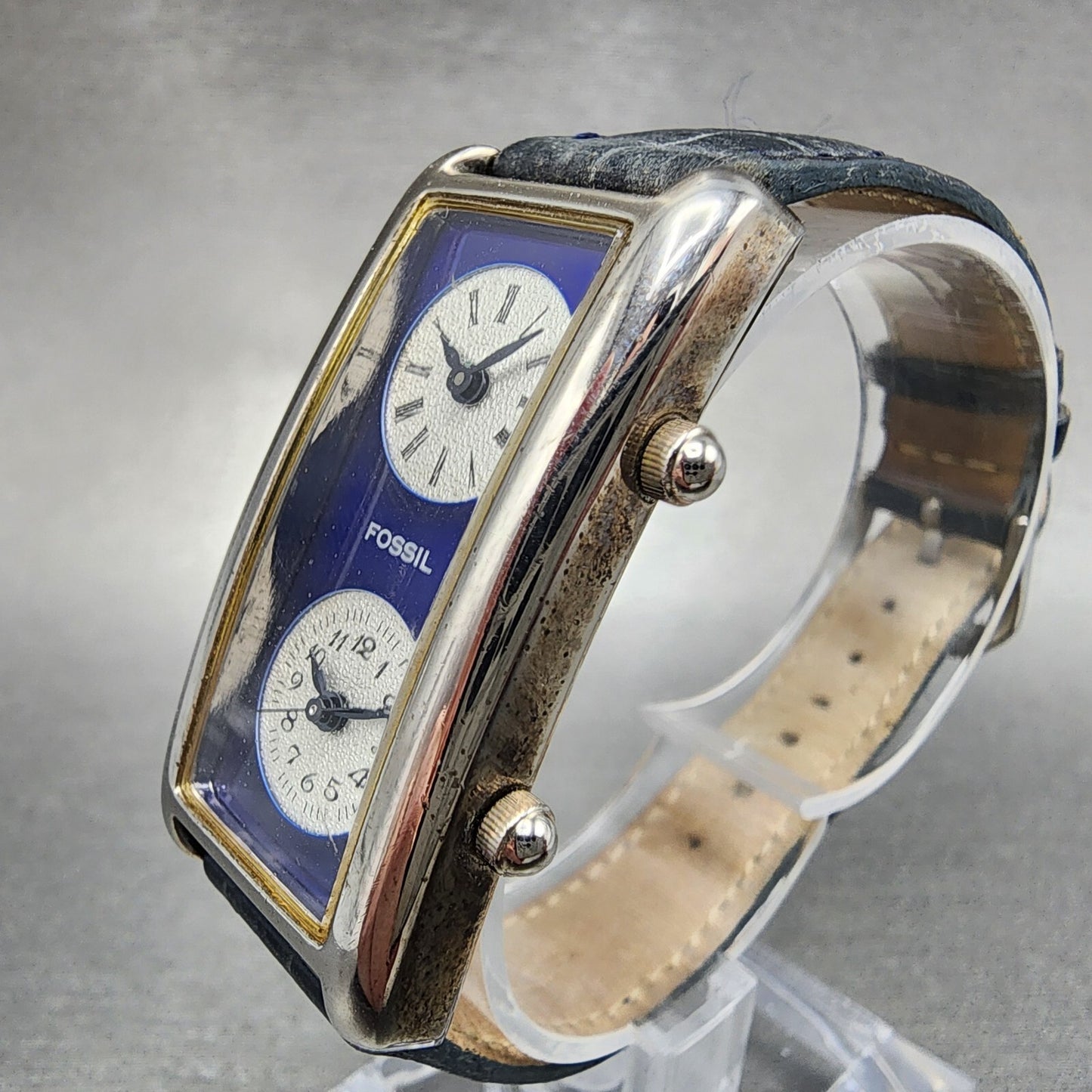 Fossil Dual Time Watch Women 21mm Blue Dial Steel Rectangle READ!!!! DR21052