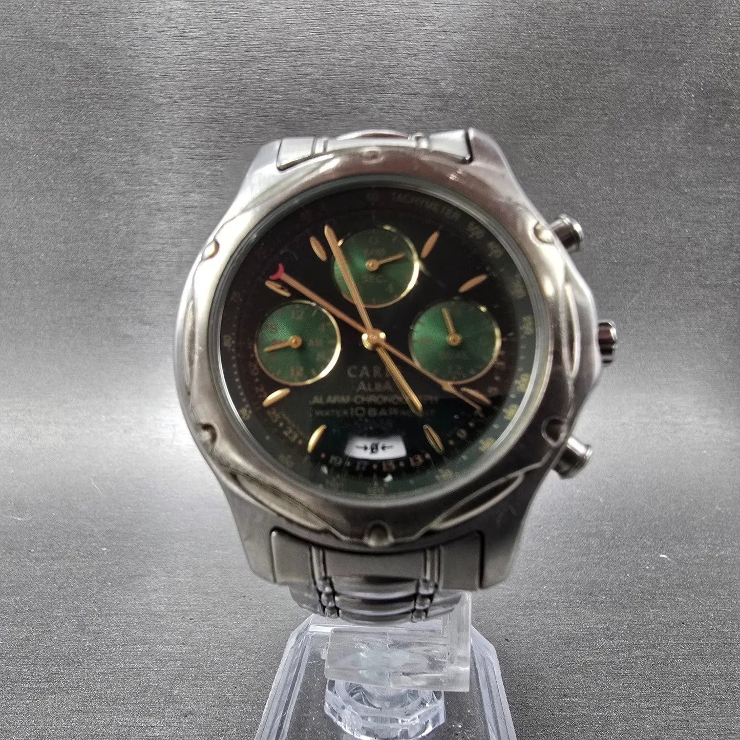 Seiko Alba Carib Watch Men 39mm Green Dial Steel Alarm Chronograph N944 PARTS6