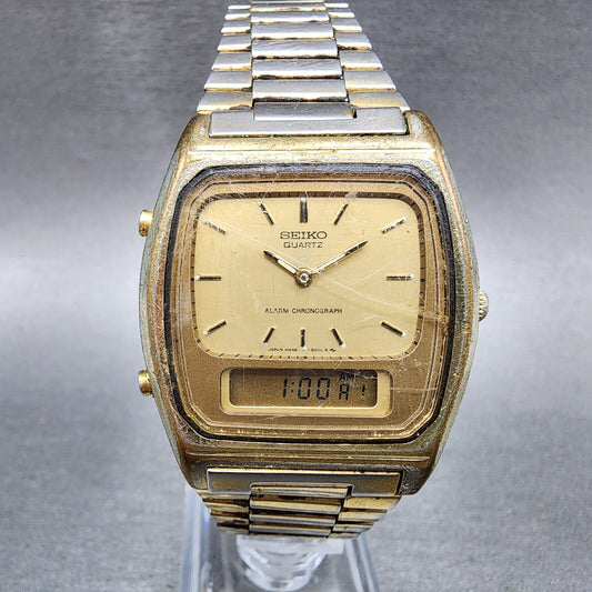 Seiko Analog Digital Watch men 33mm Gold Dial Gold Tone H448-5009 PARTS
