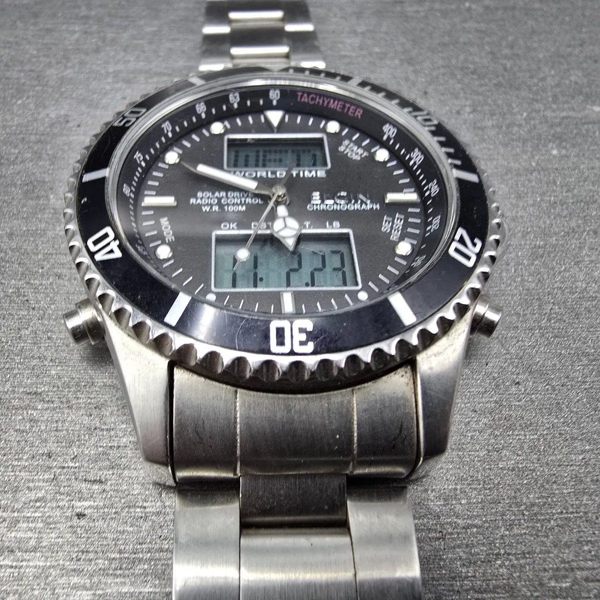 Elgin Dive Watch Men 42mm Black Dial Steel Atomic Solar Analog Digital Runs READ3