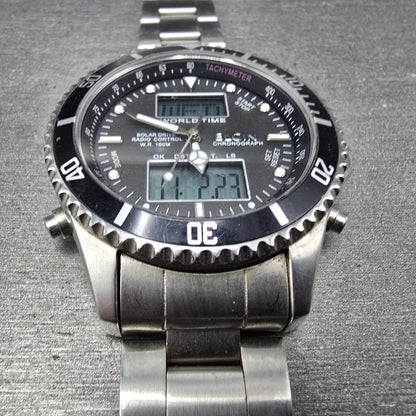 Elgin Dive Watch Men 42mm Black Dial Steel Atomic Solar Analog Digital Runs READ3