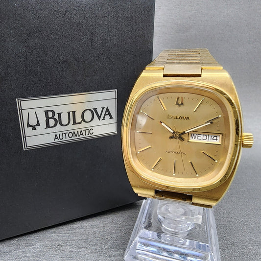Bulova Automatic Watch Men 36mm Gold Dial Gold Tone Daydate TV Rectangle Runs
