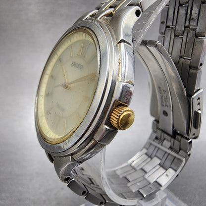 Seiko Solar Watch Men 35mm Champagne Dial Two Tone Round V181-0AK0 Runs