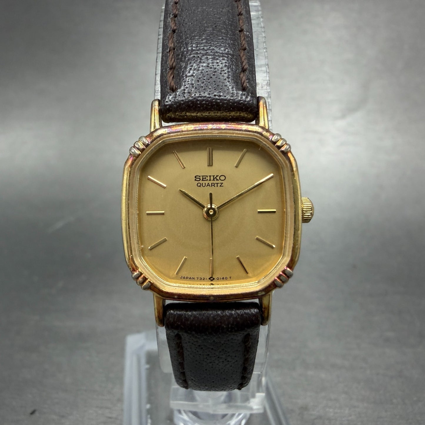 Seiko Watch Women 20mm Champagne Dial Gold Tone Square 7321-5070 New Battery 410