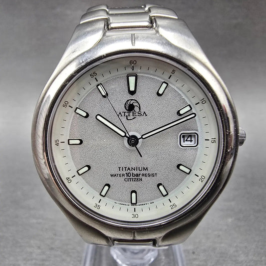 Citizen Attesa Eco-Drive Watch Men 35mm Gray Dial Titanium Date Round Solar Runs0