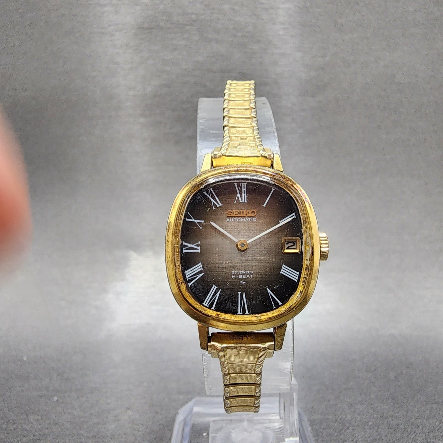 Seiko Automatic Watch Women 23mm Brown Dial Gold Tone Date 24157008 Runs5