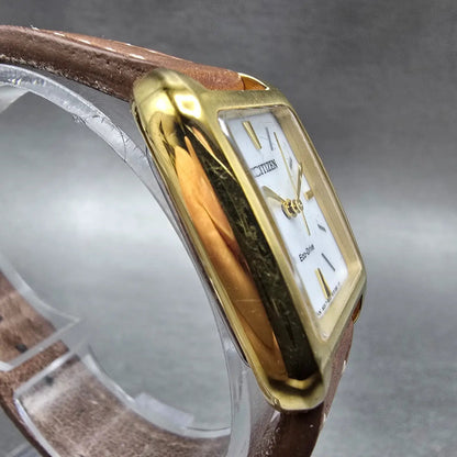 Citizen Eco-Drive Tank Watch Women 23mm White Dial  Gold Rectangle EM0492-02A3