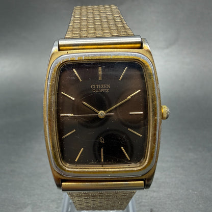 Citizen CQ Tank Watch Men 28mm Brown Dial Gold Tone Rectangle 4-213734 Newbat0