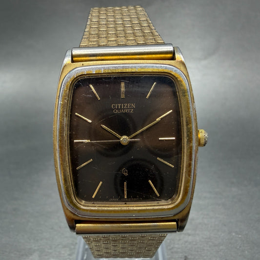 Citizen CQ Tank Watch Men 28mm Brown Dial Gold Tone Rectangle 4-213734 Newbat0