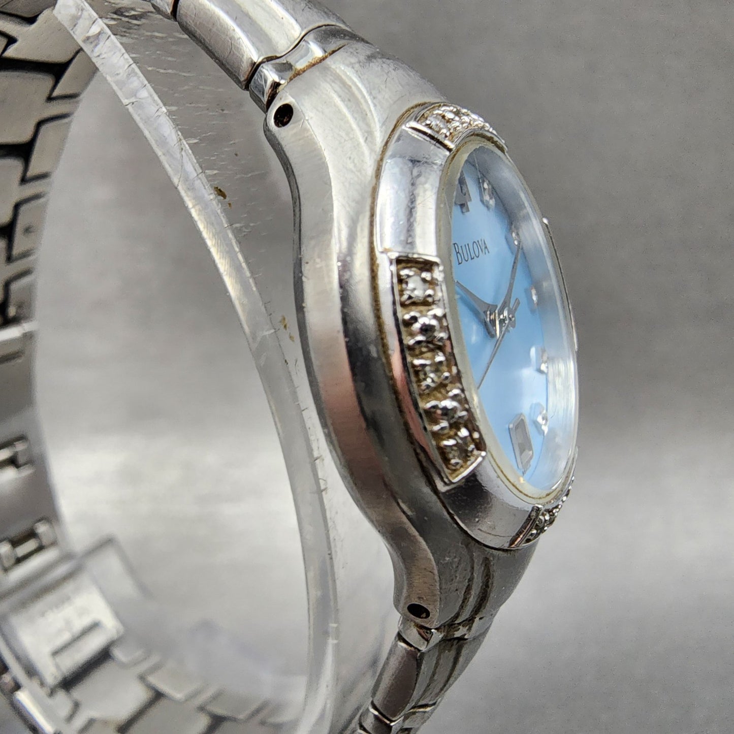 Bulova Watch Women 26mm Blue Dial Steel Diamond Date Round 96R02 New Battery3