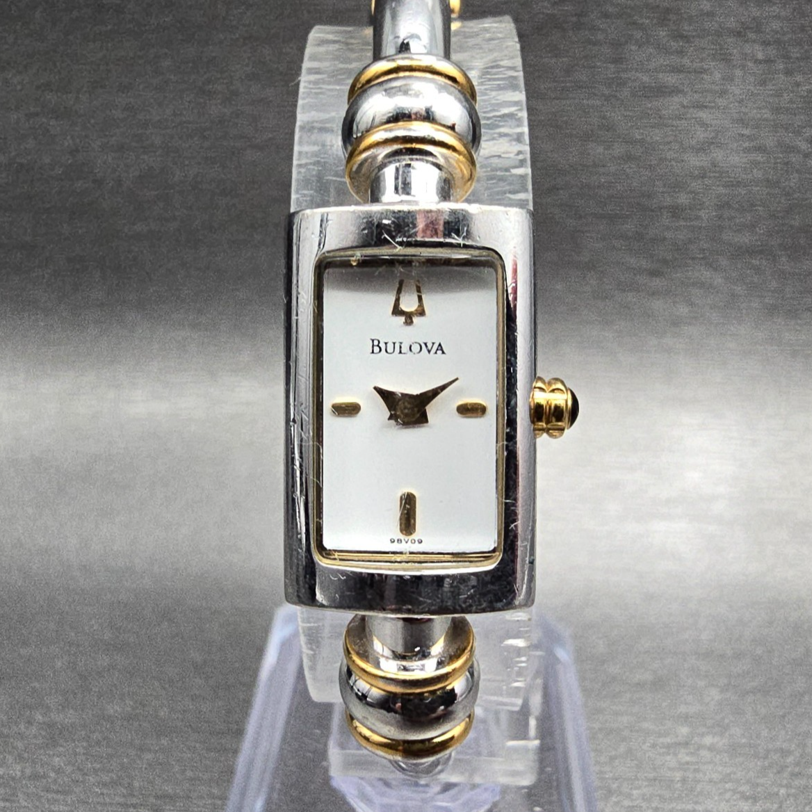 Bulova Watch Women 14mm White Dial Two Tone Rectangle Bangle 98V09 New Battery0