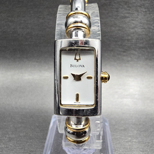 Bulova Watch Women 14mm White Dial Two Tone Rectangle Bangle 98V09 New Battery0