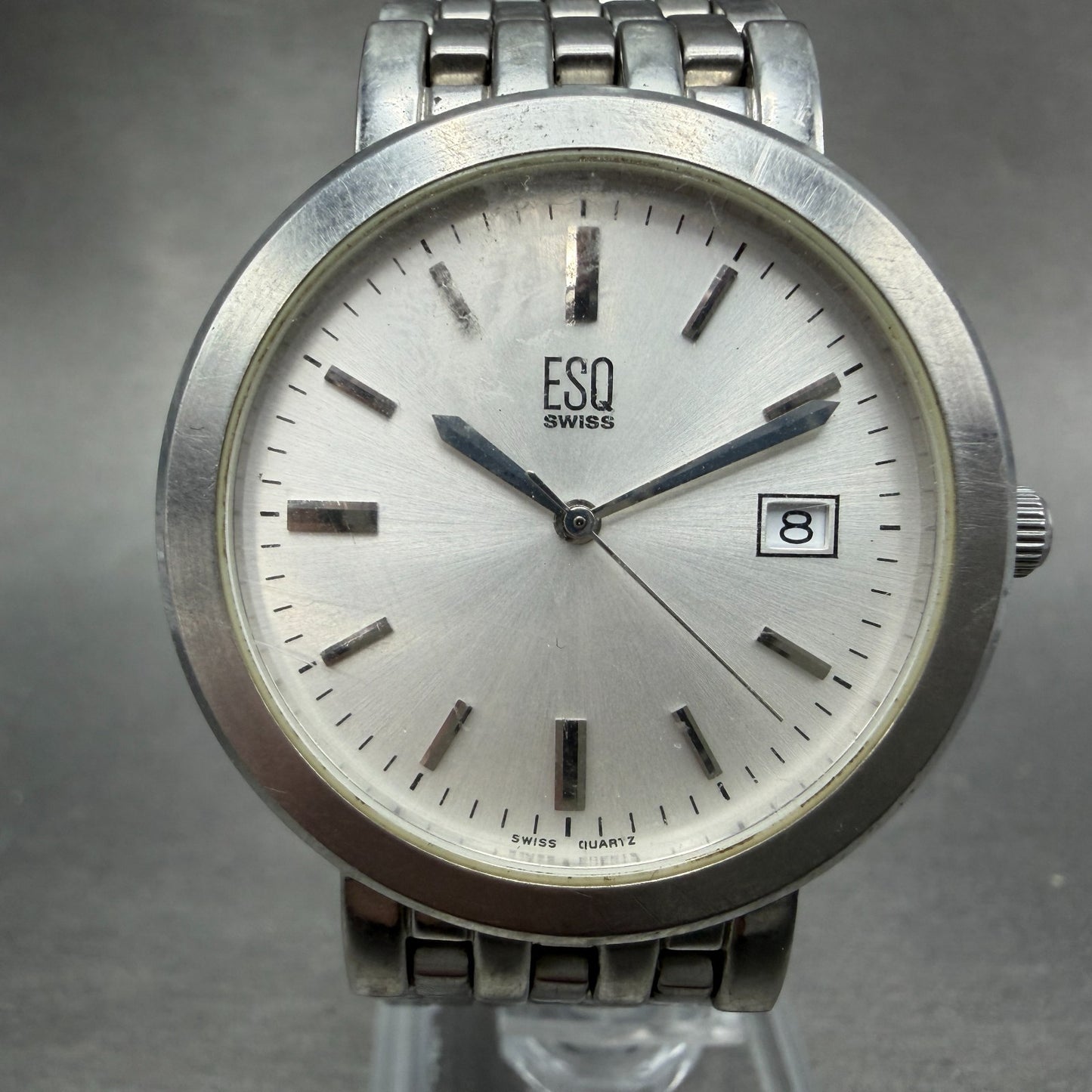 ESQ Watch Men 35mm Silver Dial Silver Tone Date Round E5197 Bracelet New Battery0