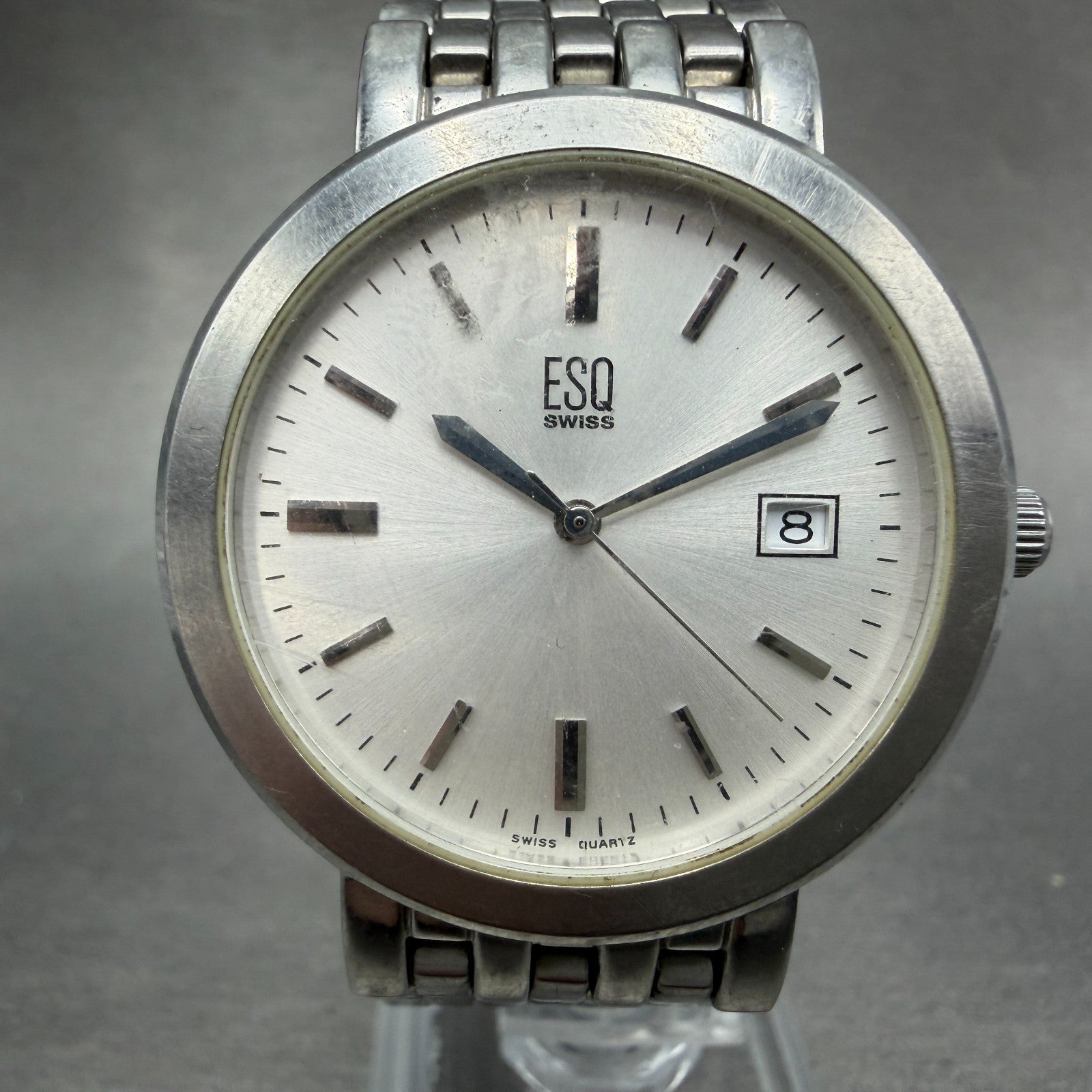 ESQ Watch Men 35mm Silver Dial Silver Tone Date Round E5197 Bracelet New Battery0