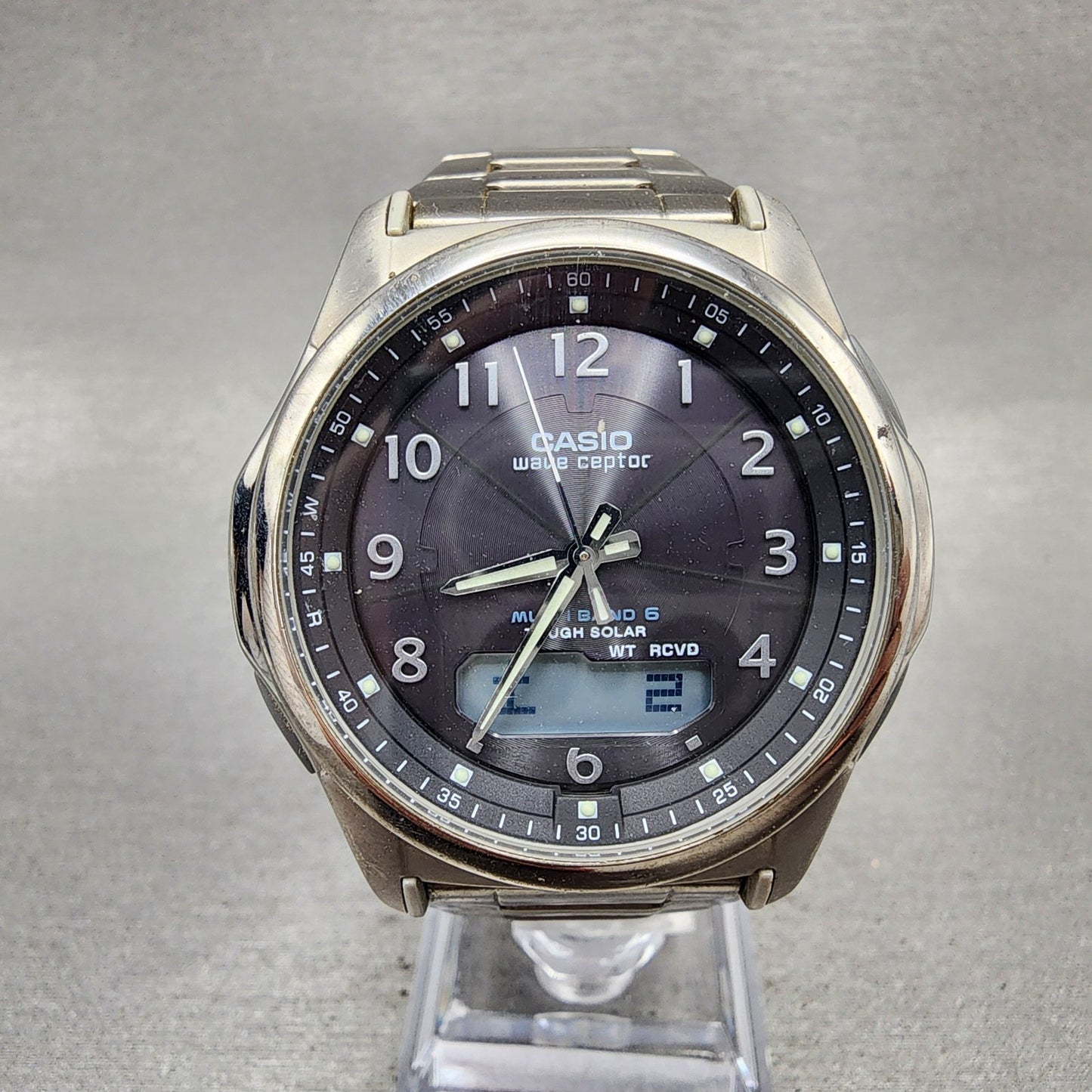 Casio Wave Ceptor Watch Men 42mm Black Dial Titanium Solar Analog Digital Works0