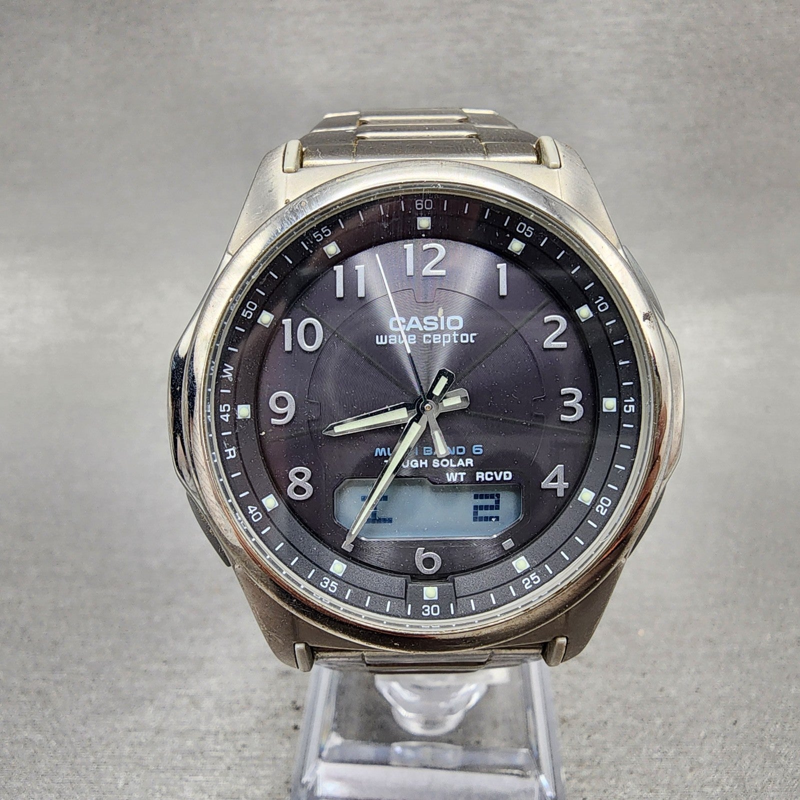 Casio Wave Ceptor Watch Men 42mm Black Dial Titanium Solar Analog Digital Works0