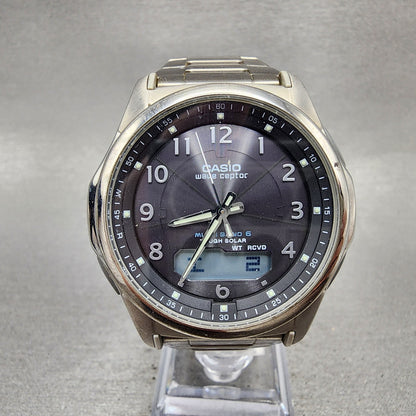 Casio Wave Ceptor Watch Men 42mm Black Dial Titanium Solar Analog Digital Works0