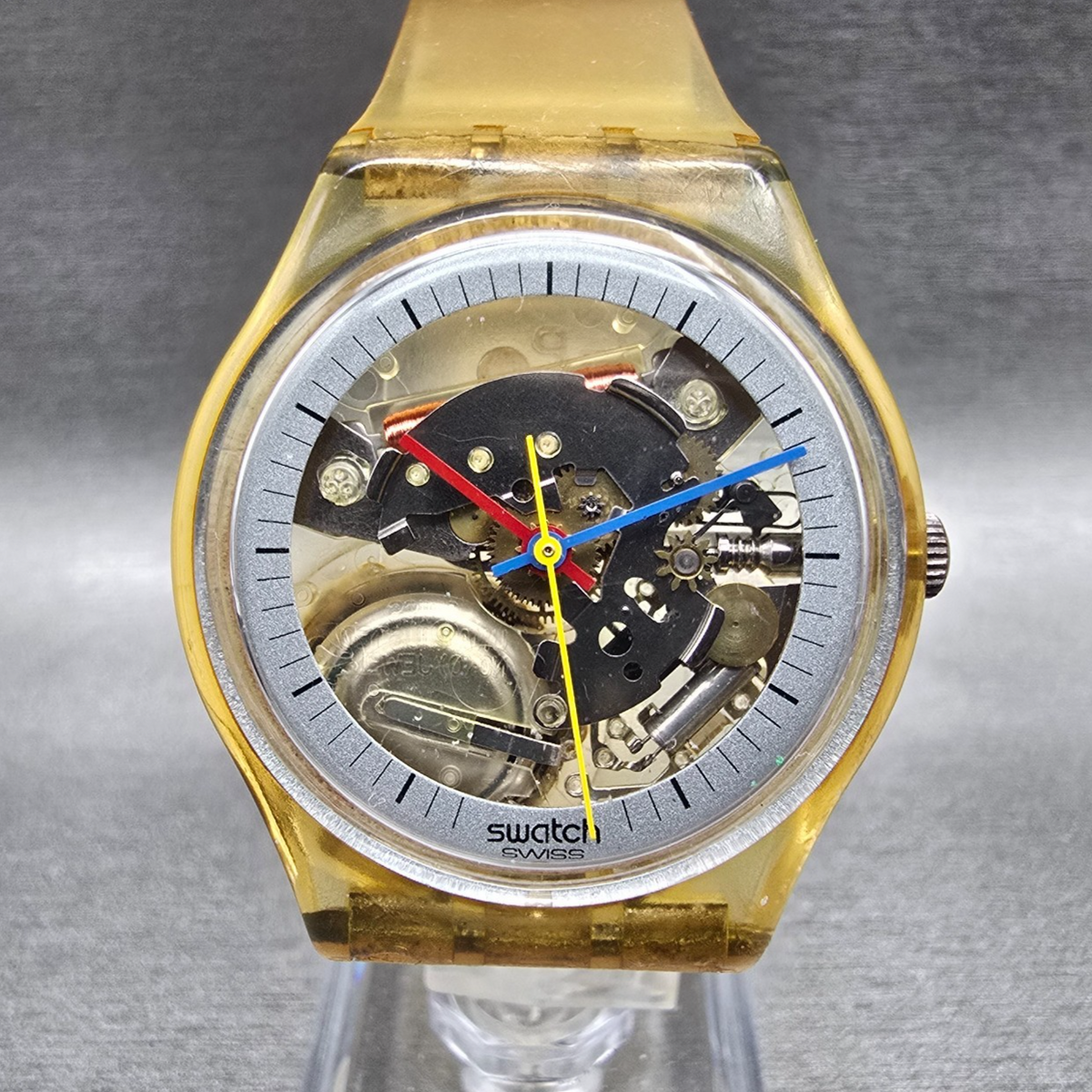 Swatch Jelly Fish Watch Men 34mm Skeleton Dial Clear Case Round GK100 New Batt G0