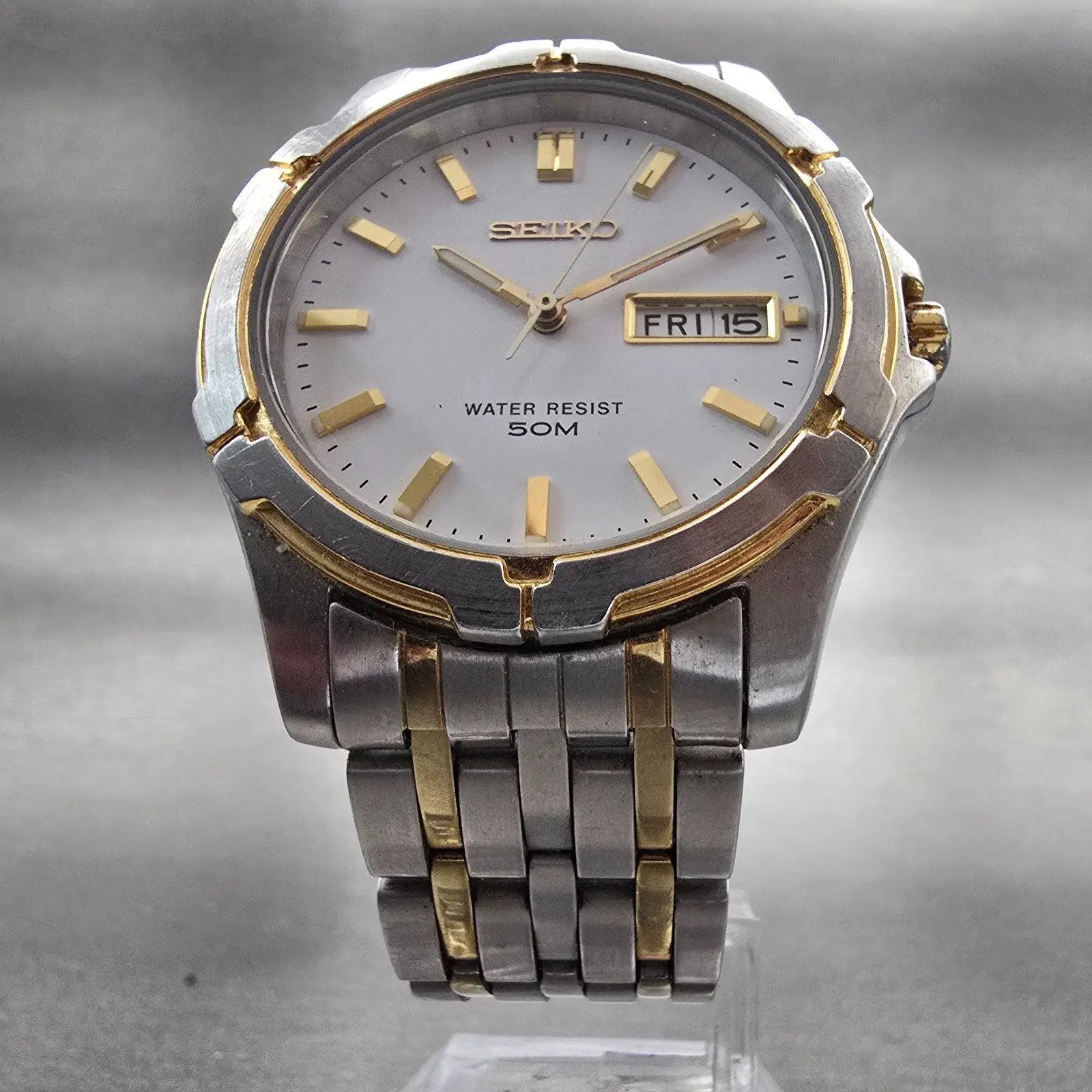Seiko Watch Men 38mm White Dial Two Tone Daydate Round V743-8B29 New Battery VTG5
