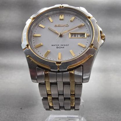 Seiko Watch Men 38mm White Dial Two Tone Daydate Round V743-8B29 New Battery VTG5