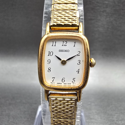 Seiko Watch Women 17mm White Dial Gold Tone Rectangle 1N00-5K29 New Battery JP0