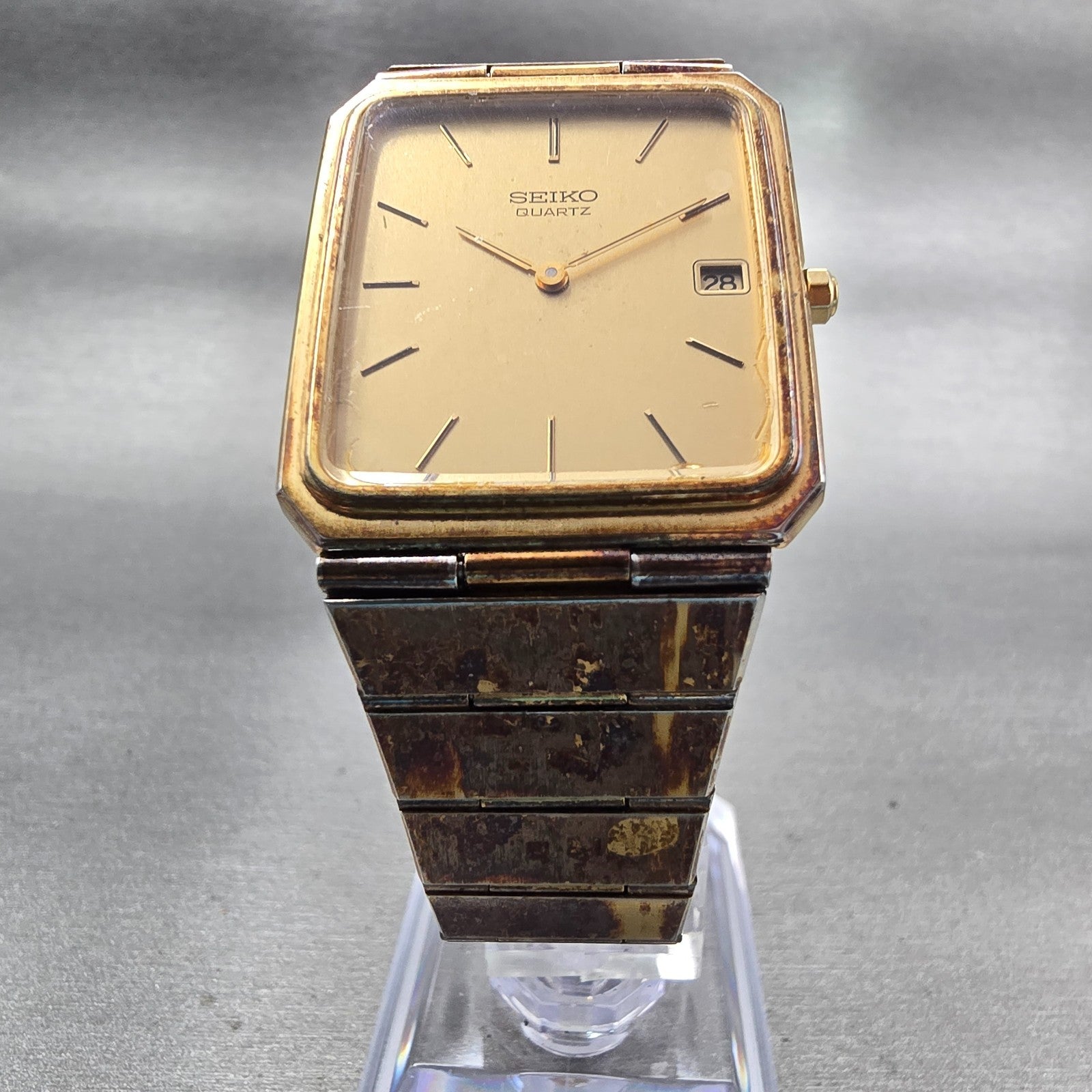 Seiko Watch Men 28mm Gold Dial Gold Tone Date Rectangle 9029-5009 New Battery5