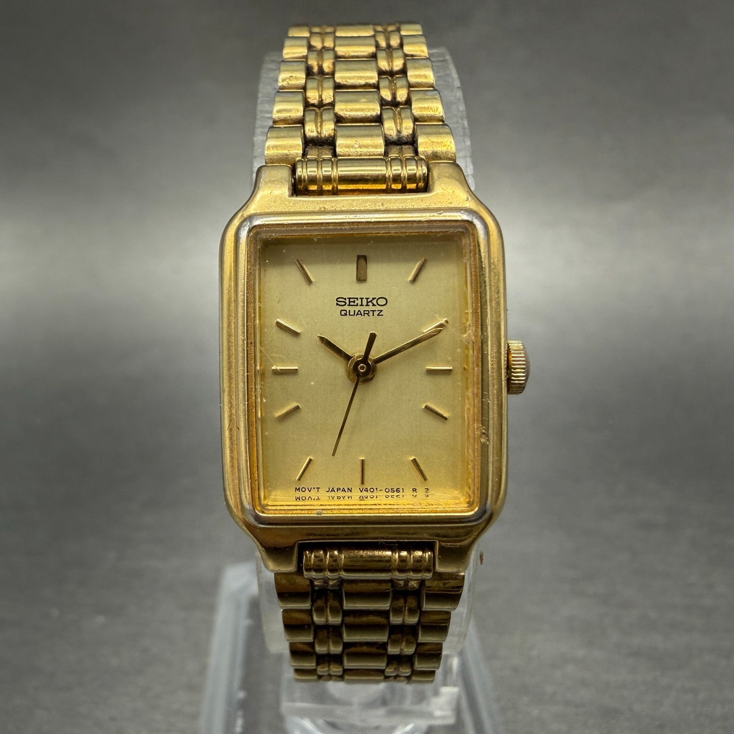 Seiko Tank Watch Women 18mm Champagne Dial Gold Tone Rectangle V401-5129 NewBat60