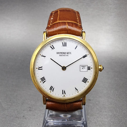 Raymond Weil Watch Men 32mm White Dial Gold Plated Round 5537 New Battery0
