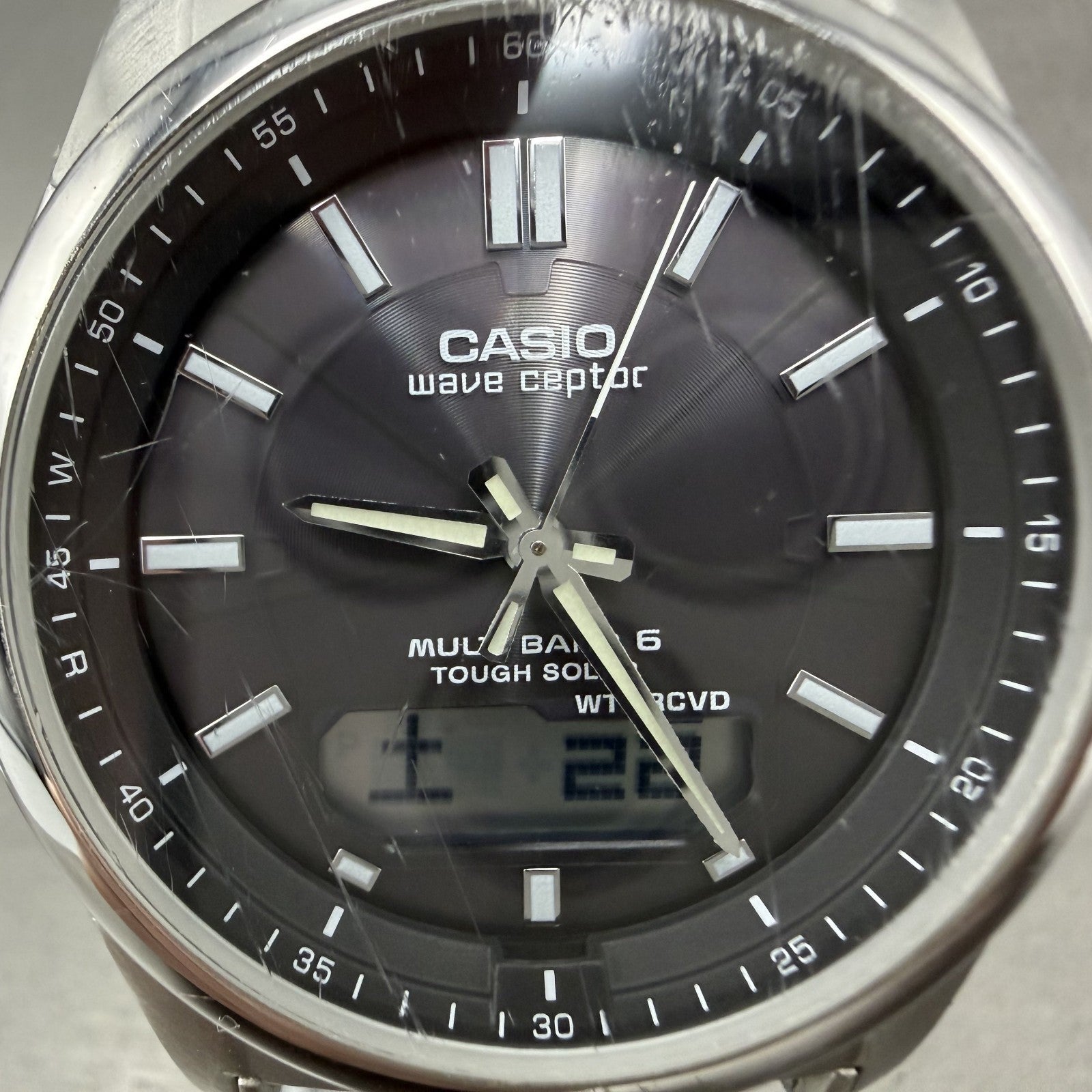 Casio Wave Ceptor Watch Men 42mm Black Dial Steel Solar Analog Digital Works ABC1