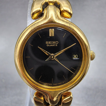 Seiko Watch Women 23mm Black Dial Gold Tone Date Round 7N820248 New Battery1