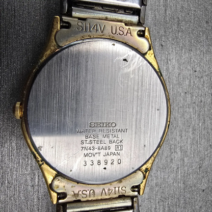 Seiko Watch Men 33mm Champagne Dial Gold Tone Daydate Round 7N43-8A89 New Batt G10