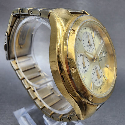 Seiko Chronograph Watch Men 39mm Champagne Dial Gold Tone Date New Battery3
