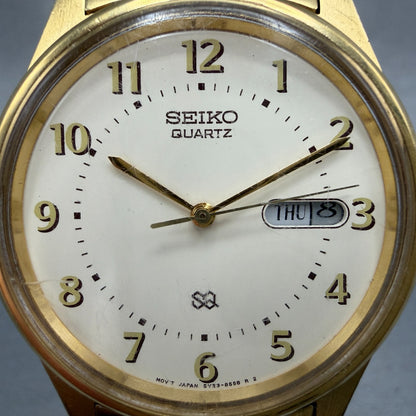 Seiko SQ Watch Men 35mm Cream Dial Gold Tone Daydate Round 5y23-8049 New Battery1