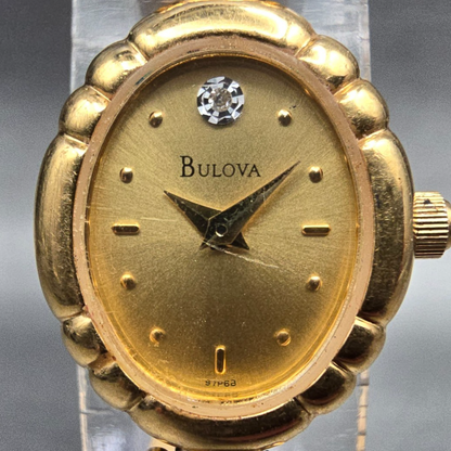Bulova Watch Women 17mm Gold Dial Gold Diamond Oval 97P68 New Battery JP1