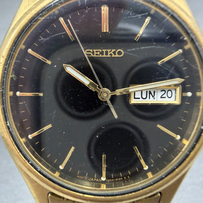 Seiko Watch Men 37mm Black Dial Gold Tone Daydate Round 7N43-9048 New Battery 392