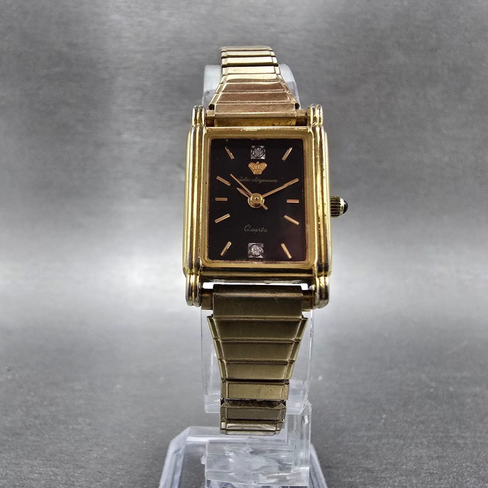 Jules Jurgensen Watch Women 18mm Black Dial Gold Tone Rectangle New Battery VTG5