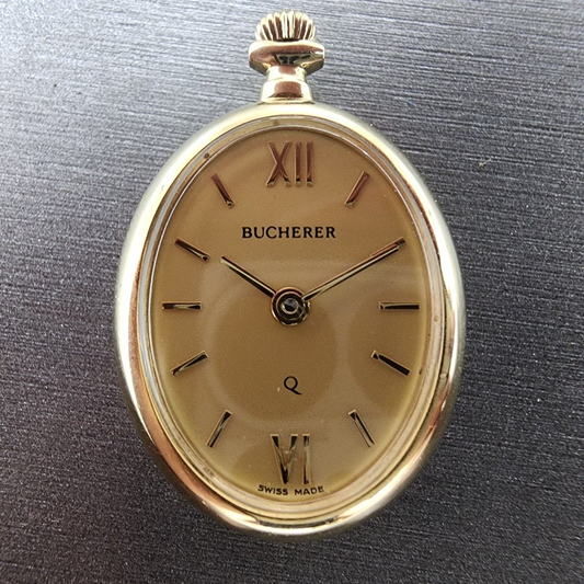 Bucherer Q Pendant Watch Women 20mm Gold Dial Gold Tone Oval New Battery
