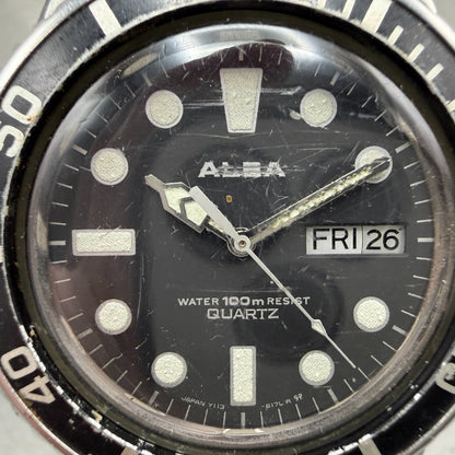 Seiko Alba Dive Watch Men 39mm Black Dial Silver Tone Daydate Y113-6130 New Batt1