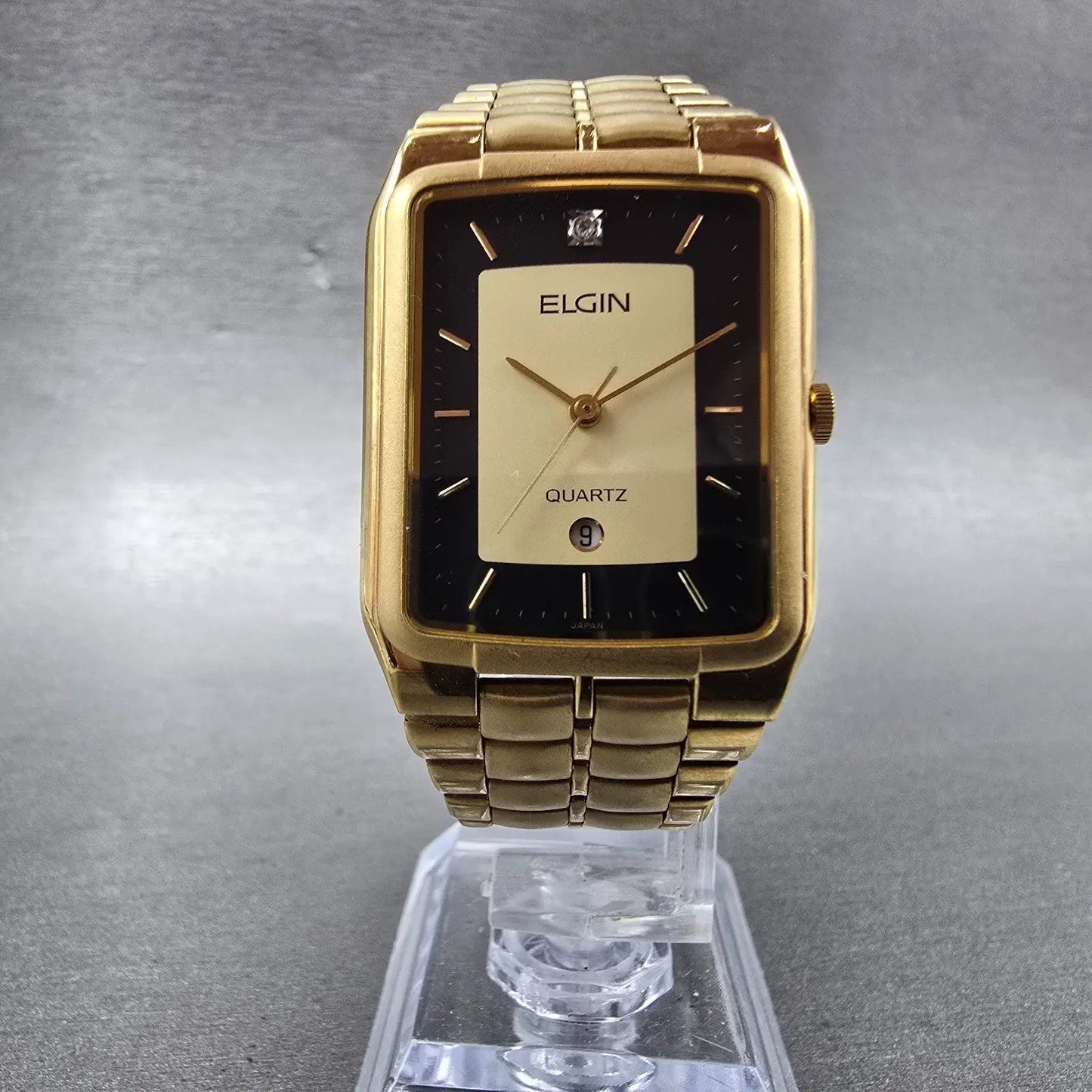 Elgin Tank Watch Men 26mm Black & Gold Dial Gold Tone Date Rectangle New Battery5
