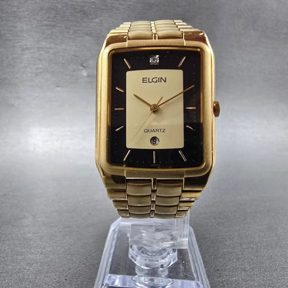 Elgin Tank Watch Men 26mm Black & Gold Dial Gold Tone Date Rectangle New Battery5
