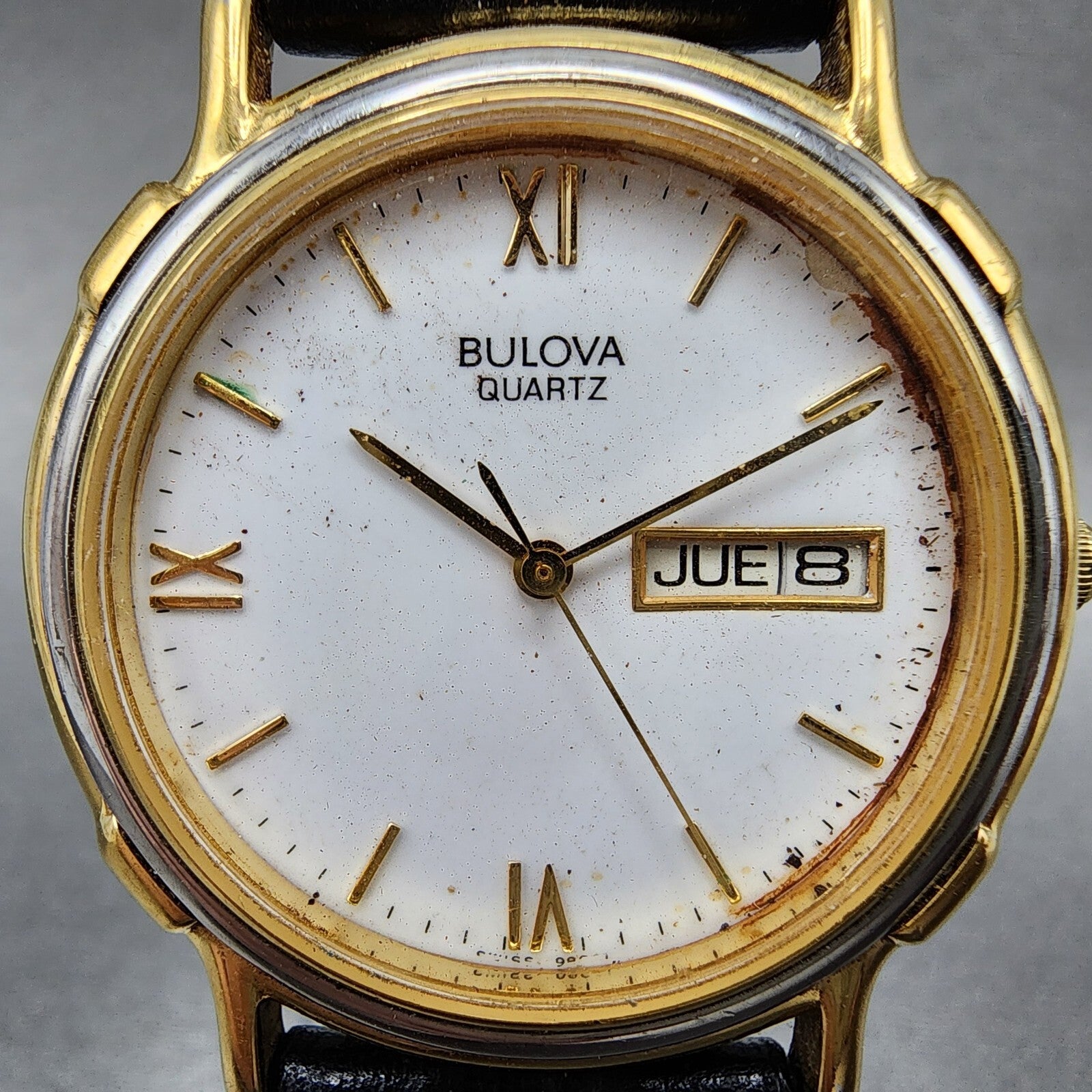 Bulova Watch Men 35mm White Dial Gold Tone Daydate Round 98C01 VTG New Battery1