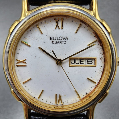 Bulova Watch Men 35mm White Dial Gold Tone Daydate Round 98C01 VTG New Battery1