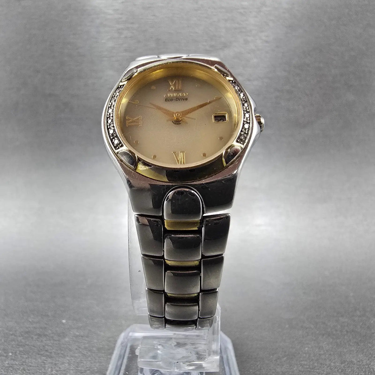 Citizen Eco-Drive Watch Women 25mm Cream Dial Two Tone Date Diamonds Runs JP5