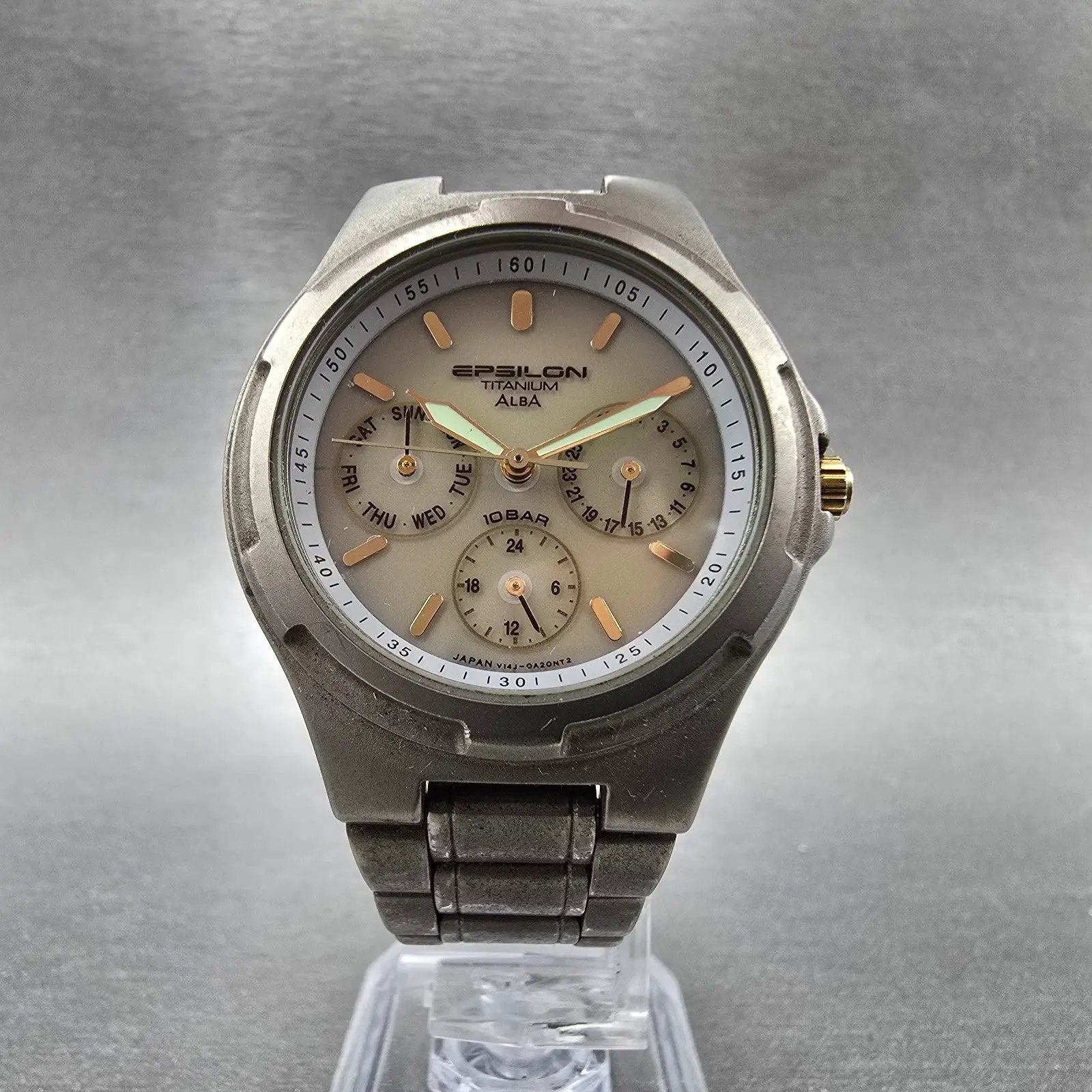 Seiko Alba Epsilon Watch Men 36mm Gray Dial Titanium Daydate V14J-0A10 Runs5