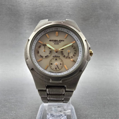 Seiko Alba Epsilon Watch Men 36mm Gray Dial Titanium Daydate V14J-0A10 Runs5