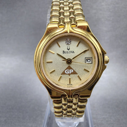 Bulova Watch Women 24mm Champagne Dial Gold Tone Date 97P28 New Battery Diamond0