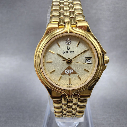 Bulova Watch Women 24mm Champagne Dial Gold Tone Date 97P28 New Battery Diamond0