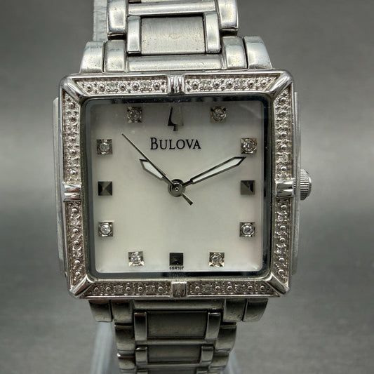 Bulova Tank Watch Women 26mm MOP Dial Silver Tone Diamond 96R107 New Battery0