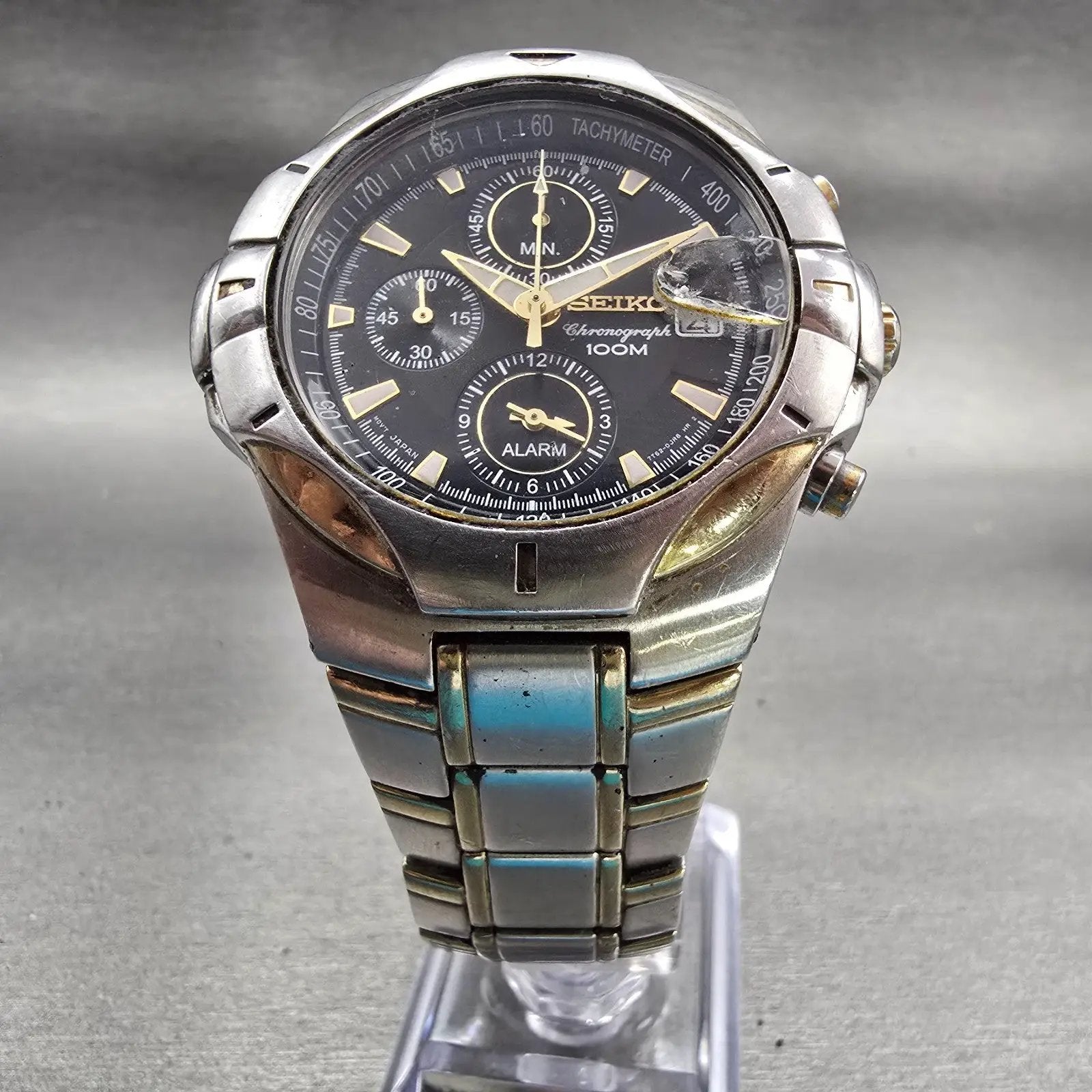 Seiko Chronograph Watch Men 43mm Black Dial Two Tone Date 7T62-0GF0 New Battery5
