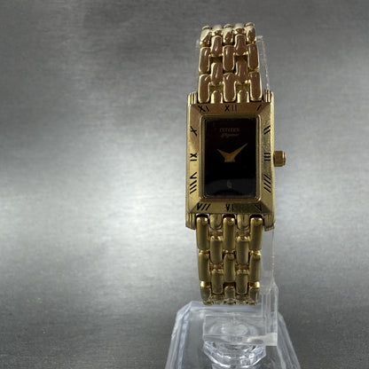 Citizen Elegance Tank Watch Women 16mm Black Dial Gold Tone Rectangle New Batt5